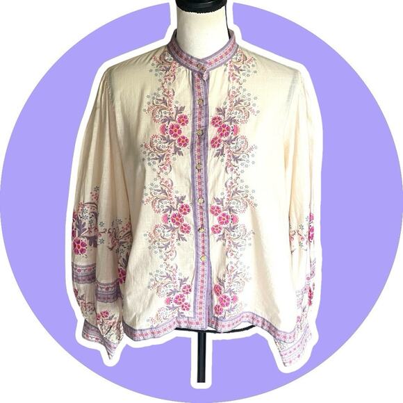 Anthropologie Tops - Anthropologie Let Me Be Letmebe Long Sleeve Cream Boho Pastel Cotton Blouse S